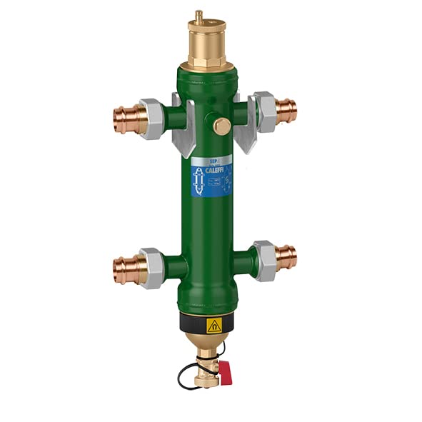 Green cylindrical hydraulic separator with four copper sweat union connections, brass top fitting, and drain valve at bottom.
