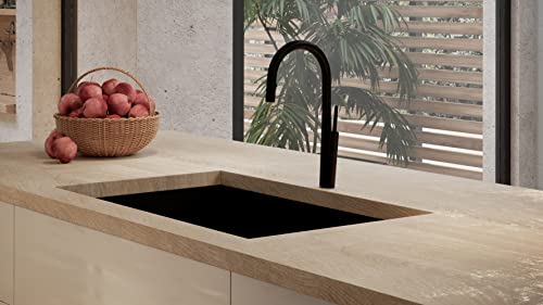 Brushed stainless steel rectangular kitchen sink with black faucet installed in light wood countertop.