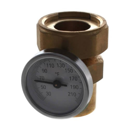 Brass sweat fitting assembly with integrated dial thermometer showing temperature range 30-210°F.