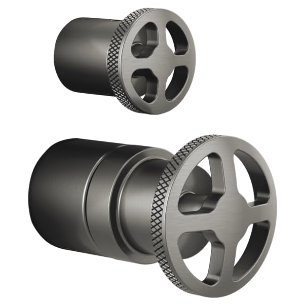 Chrome and black pressure balance valve trim with wheel handles and integrated diverter control shown in two assembly views.