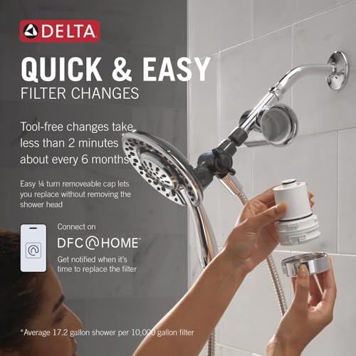 Chrome shower filter attachment with dual showerhead and detachable filter cartridge being held in hand.