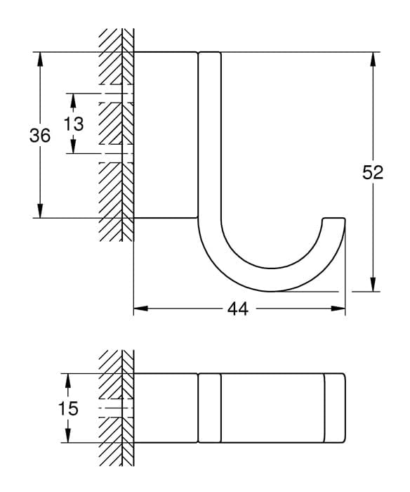 Brushed nickel robe hook with curved arm, mounting dimensions shown: 44mm projection, 52mm height, 36mm mounting area.