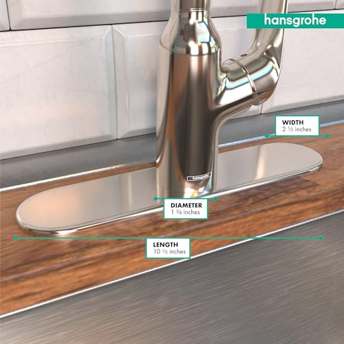 Polished nickel oval base plate for single-hole kitchen faucet, 10 inches long.