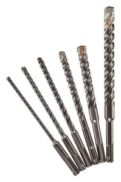 Six SDS-Plus rotary hammer drill bits in graduated sizes arranged in ascending order.