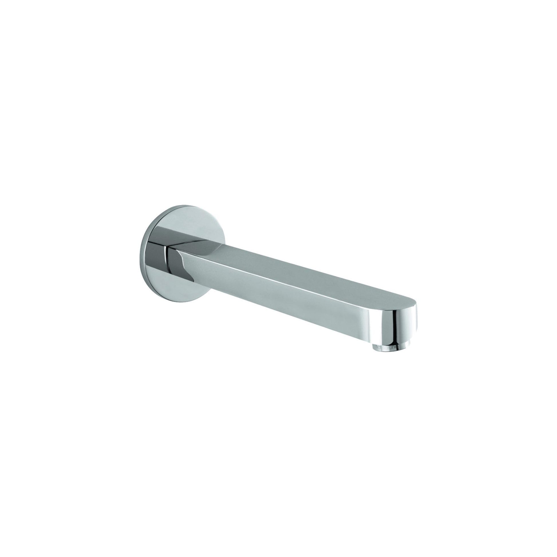 Chrome tub spout with round wall flange and curved rectangular outlet.