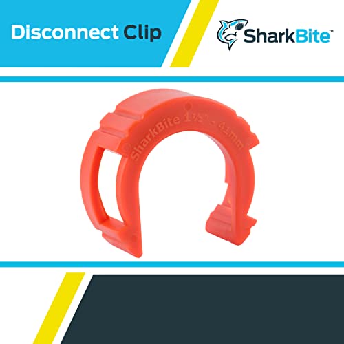 Red plastic disconnect clip tool with curved horseshoe shape and grip handles for 1-1/2 inch push-to-connect fittings.