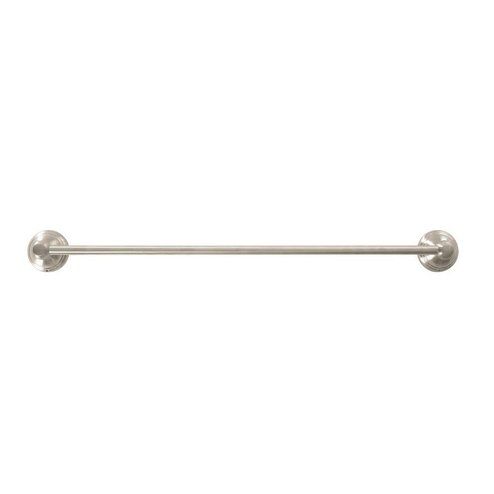 Brushed metal towel bar with circular wall-mounted supports on each end.