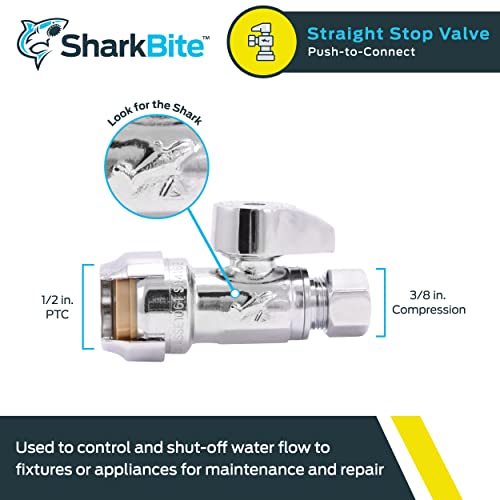 SharkBite straight stop valve with 1/2 inch push connection and 3/8 inch compression fitting, chrome finish.