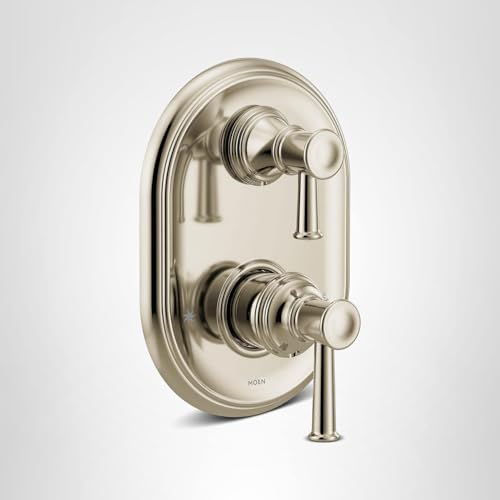 Polished nickel shower trim with oval backplate and two lever handles controlling upper and lower valve outlets.