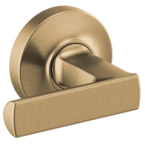 Brushed gold lever handle with circular escutcheon plate for wall-mounted tub filler installation.