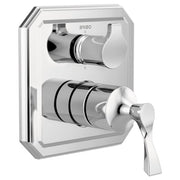 Brizo Virage chrome pressure balance valve trim with upper diverter control and lower lever handle on white square escutcheon