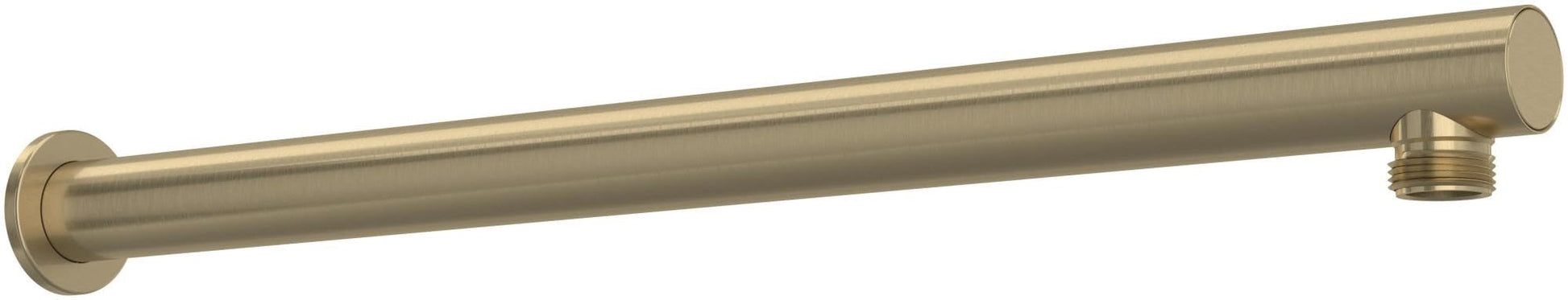 Antique gold wall-mounted shower arm with threaded connector end, 15 inches long.