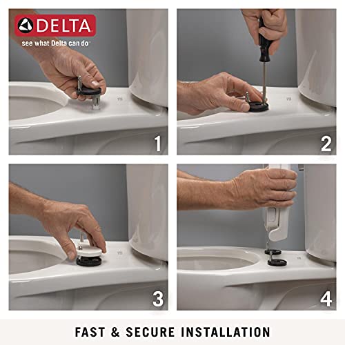 Four-step installation guide showing hands demonstrating quick-release and slow-close toilet seat attachment process.