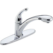 Chrome single-handle pull-out kitchen faucet with curved spout and lever control.