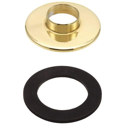 Polished brass escutcheon with threaded collar and black rubber gasket for tile mounting.