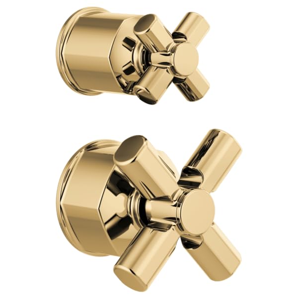 Polished gold pressure balance valve trim with cross handles and integrated diverter in two positions.