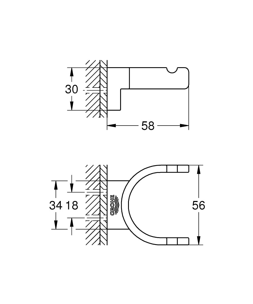 Technical drawings showing front and side views of a robe hook with dimensions and wall mounting specifications.