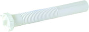 White flexible PVC tailpiece with ribbed corrugated section and threaded connector end.