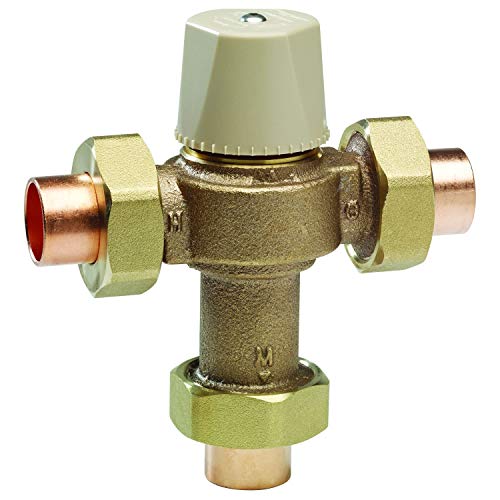 Brass thermostatic mixing valve with cream-colored cap, solder union connections, and adjustable temperature dial on top.