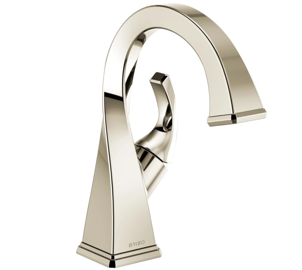 Polished nickel single-handle bathroom faucet with curved spout and tapered base.