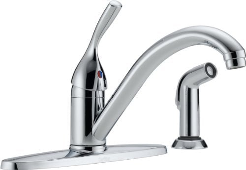 Chrome single handle kitchen faucet with curved spout and detachable spray head on deck plate.