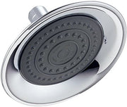 Chrome raincan shower head with dark gray spray face and multiple water jets arranged in concentric circles.