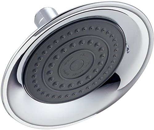 Chrome raincan shower head with dark gray spray face and multiple water jets arranged in concentric circles.