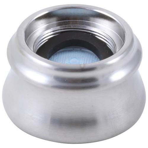 Stainless steel faucet aerator with threaded opening and blue mesh filter screen visible inside.