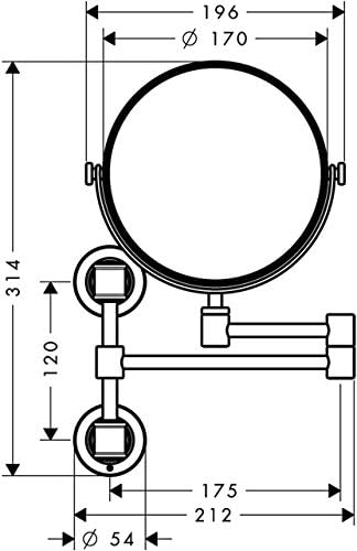 Round chrome shaving mirror with extendable articulated arm and mounting hardware, shown with technical dimensions.