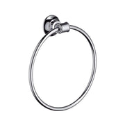 Chrome circular towel ring with wall-mounted support bracket and cylindrical connector.