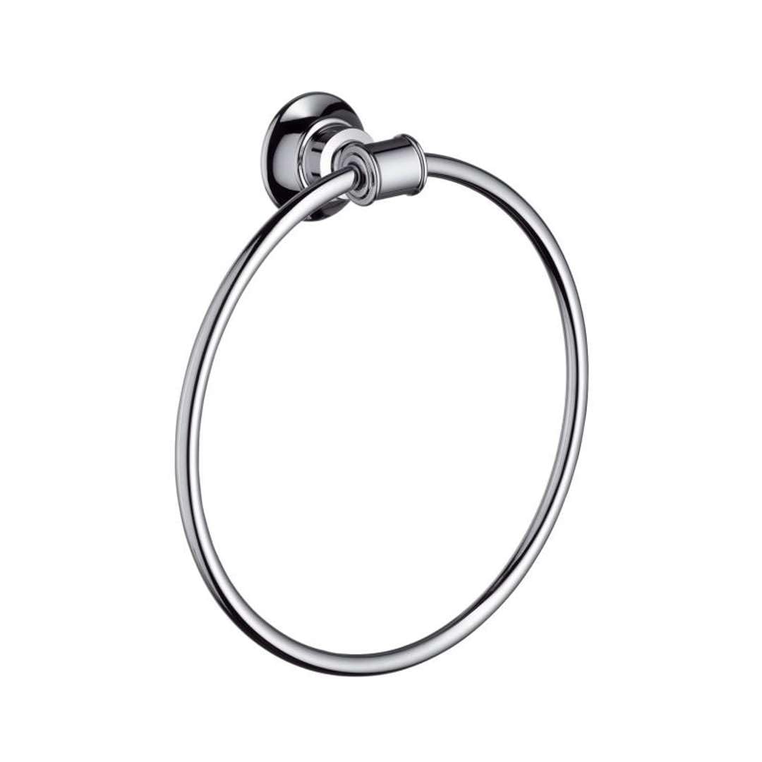 Chrome circular towel ring with wall-mounted support bracket and cylindrical connector.