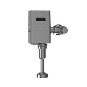 Polished chrome TOTO Ecopower urinal flush valve with electronic sensor, mounted on vertical pipe with supply connection.