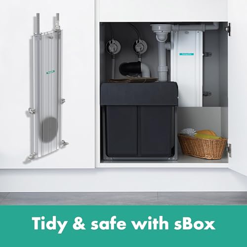 Matte black high-arc kitchen faucet with pull-down sprayer shown alongside its sBox under-sink storage system.