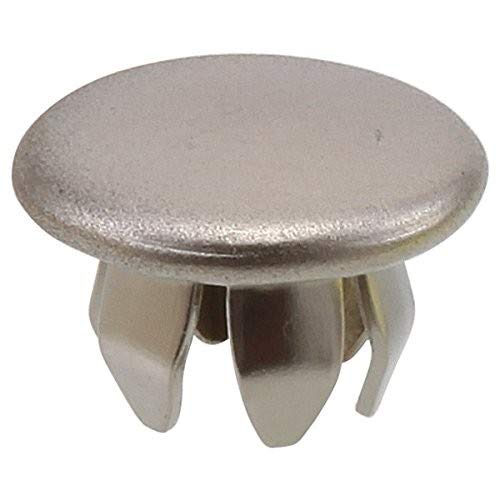 Stainless steel dome-shaped plug button with three prongs for bathroom sink fixture installation.