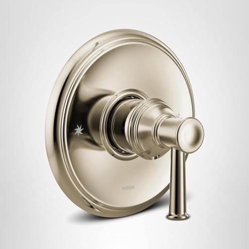 Polished nickel single-handle valve trim with round escutcheon plate and lever handle.
