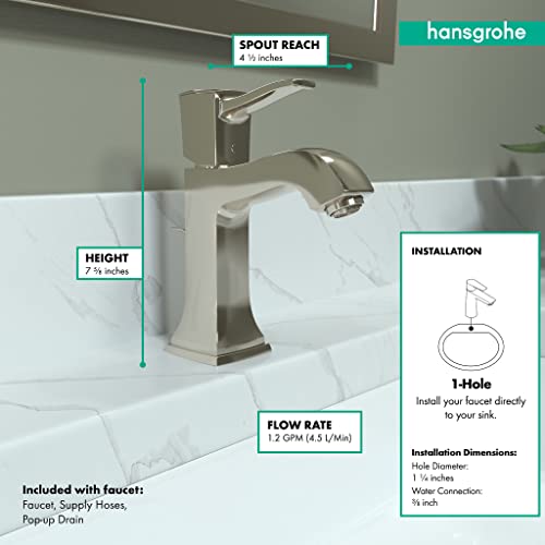 Polished nickel single-hole bathroom faucet with curved spout and pop-up drain installed on marble sink.