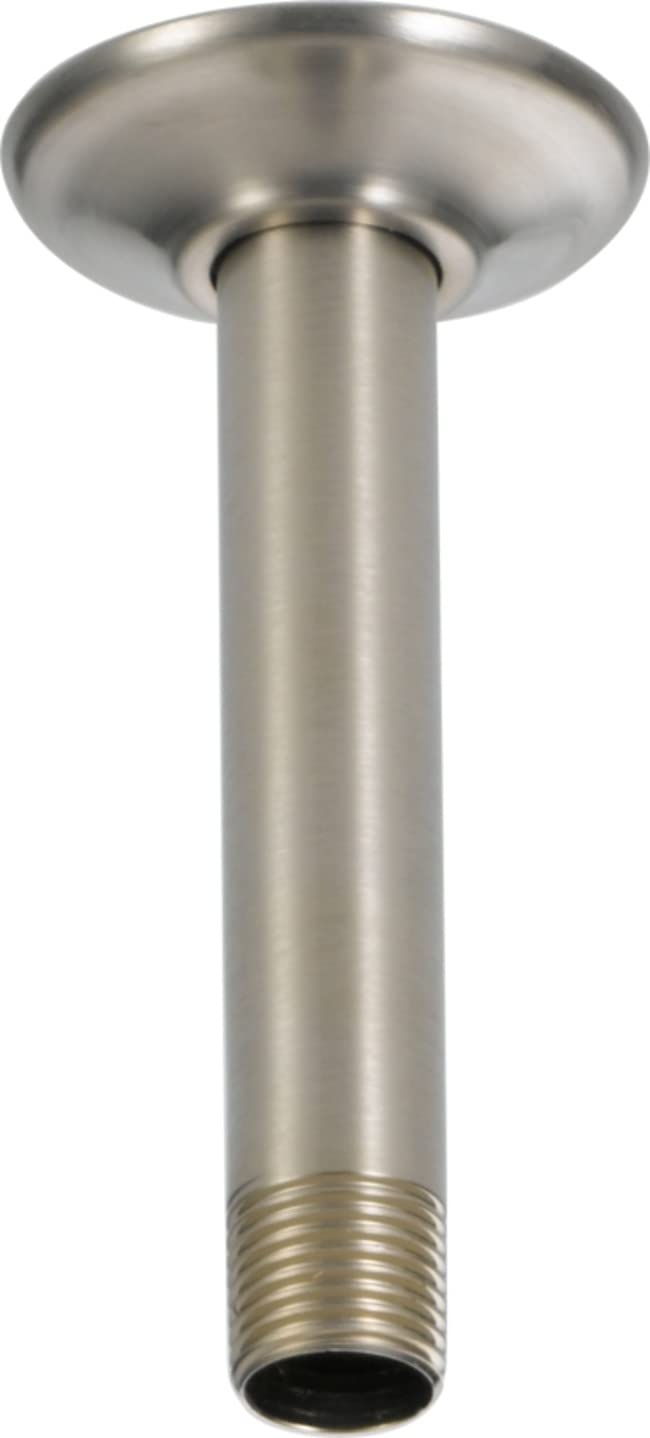 Stainless steel ceiling-mount shower arm with circular flange and threaded connector end.