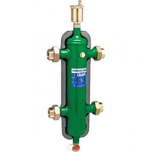 Green cylindrical hydroseparator with brass NPT union fittings, air vent valve on top, and drain valve at bottom.