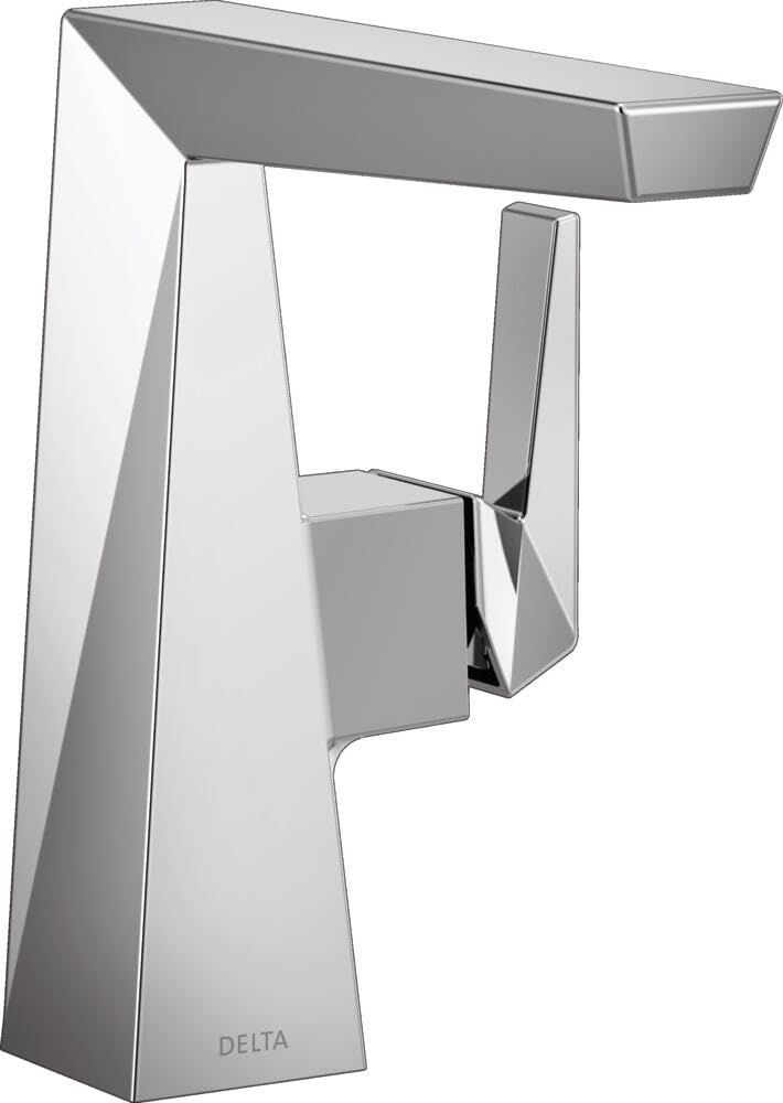 Chrome single-handle bathroom faucet with angular geometric design and curved spout extending over sink basin.