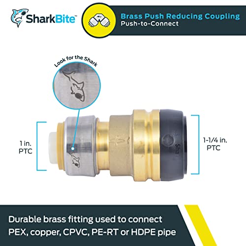 Brass push-to-connect reducing coupling fitting with 1 in. and 1-1/4 in. connection ports.
