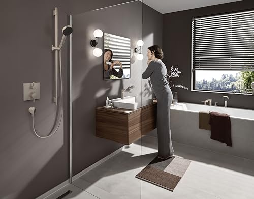 Brushed nickel single-hole bathroom faucet with tall spout installed on white sink in modern bathroom.