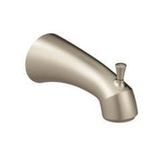 Brushed nickel tub spout with curved body and small lever handle on right side.