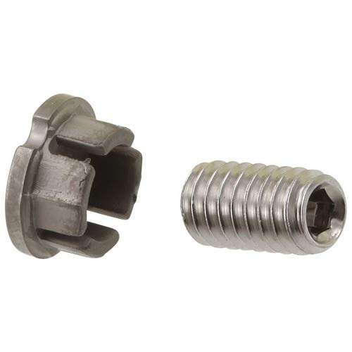Stainless steel set screw with hex socket and matching button-head connector piece.