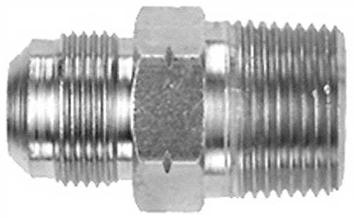 Metal gas flare adapter with threaded connections on both ends and hexagonal fitting in center.