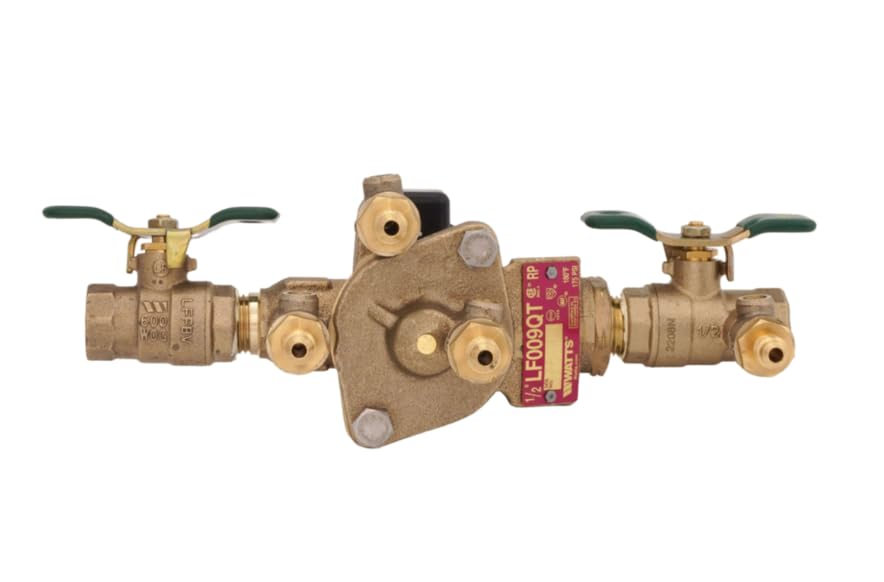 Brass backflow preventer with dual ball valves, flood sensor component, and red label displayed horizontally.