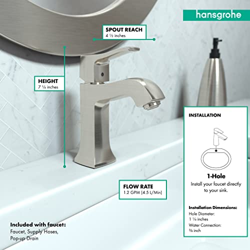 Hansgrohe Metris C brushed nickel single-hole bathroom faucet with curved spout and lever handle on white sink.