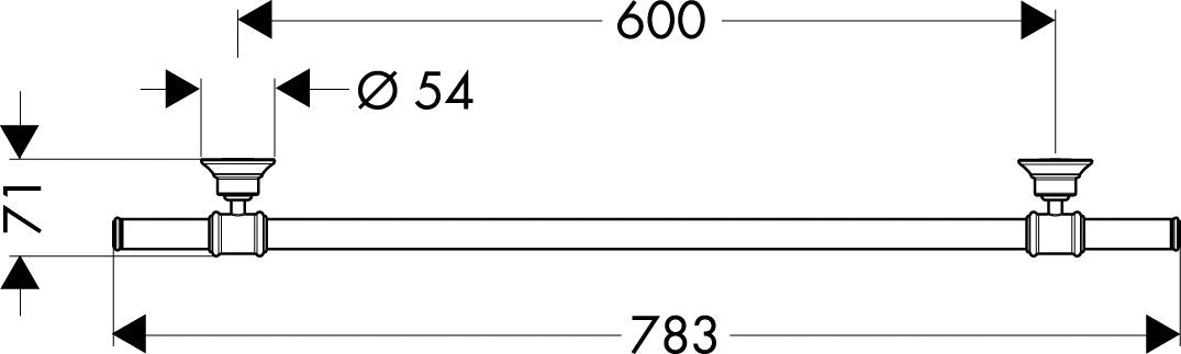 Brushed nickel towel bar with mounting brackets at each end, 24 inches wide, technical schematic showing dimensions.