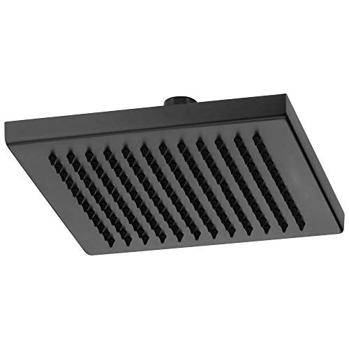 Square black raincan shower head with linear spray nozzles and mounting bracket.