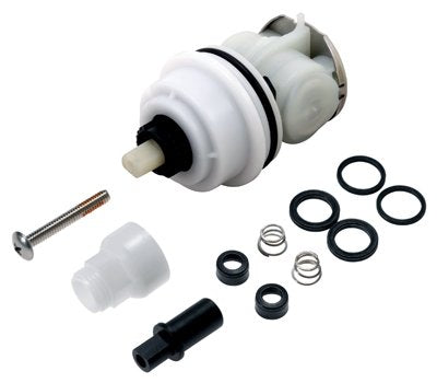 White and black Delta cartridge assembly with metal valve stem, rubber seals, springs, and mounting hardware displayed separa