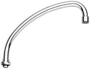 Chrome tubular faucet spout with curved design and aerator outlet on white background.
